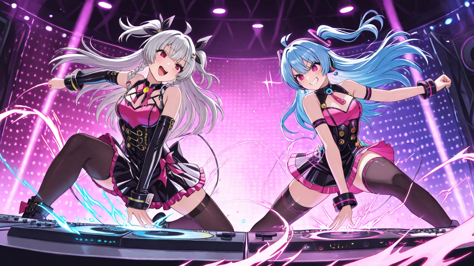 Dynamic angle, 8k, thick paint 5, top half, 2 girls, smile, wolf ears, wolf tail, pink eyes, hair between eyes, striped hair, striped hair, (((( variety hair color:1)))), (((random hair color:1))), variety hairstyle:1, D cup, cleavage, Noble, Mini frilly dress, Love Live costume, Idolmaster costume, jewelry, (((on stage in large bus trailer))), mic in left hand: 5, singing: 5, best live, professional lighting, concert, guerrilla live, get Shibuya city in background, lots of audience, ((( panties, cute panties)))