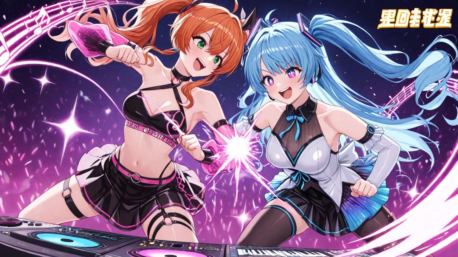 Dynamic Angle, ((((Detailed eyes and detailed face: 1.2)))))), (((Perfect human hand, super detailed human 5 fingers)))), ((Perfect human foot)), Upper body, 1 or 2 girls, Smile, Wolf ears, Wolf tail, Pink eyes, Hair between eyes, (Wink)))), D Cup, cleavage, Striped hair, (Colorful hair color: 1)))))), (( Random Hair Color: 1))), Variegated Hairstyles: 1, Twin Tails, Ultra-Detailed Gradient Hair, (((T-shirt with kagenari logo))), Professional designer, fashion leader, Ruffled dress, Sneakers, Love Live, The Idolmaster, Jewelry, Backstage, Best Stage, Climax, Professional Stage, (((( Holding the microphone with your left hand and singing emotionally, overflowing emotions, the best smile))), singer, vocalist: 1, idol, diva, professional stage, professional lighting, live lighting, averting gaze, fan service: 1, ((((satellite photo seen from the audience)))), ((((Panchira, cute panties))))