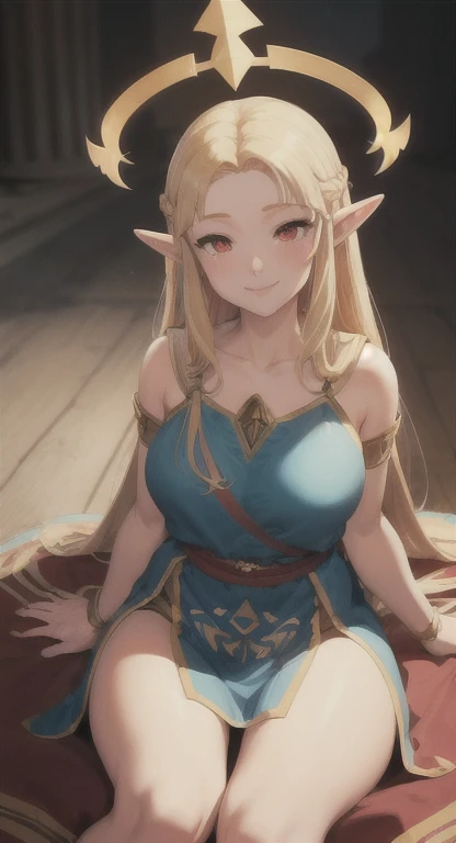 Anime Style,Nostalgic,Detailed background,The medieval world,A busy cave full of people,Smiling bard beautiful elf girl,Large Breasts,Healthy thighs,Underarm,On all fours
