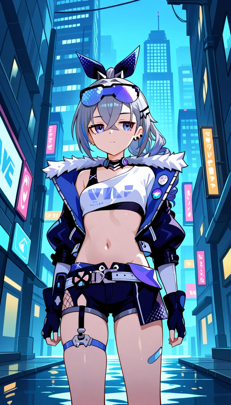 (work of art:1.2, best qualityer), (1 lady, standing alone, trunk:1.2), body hair: shaved on one side, a long time on the other side, dyed bright blue, make up: audacious, graphic eyeliner with rhinestones on the outer corners of the eyes, badass clothing: one made by hand, one of a kind, patchwork jacket with fringe, paired with black leather shorts and fishnet stockings, Accessories: a silver nose ring and multiple ear piercings with unique jewelry, Attend a music festival or alternative fashion event
