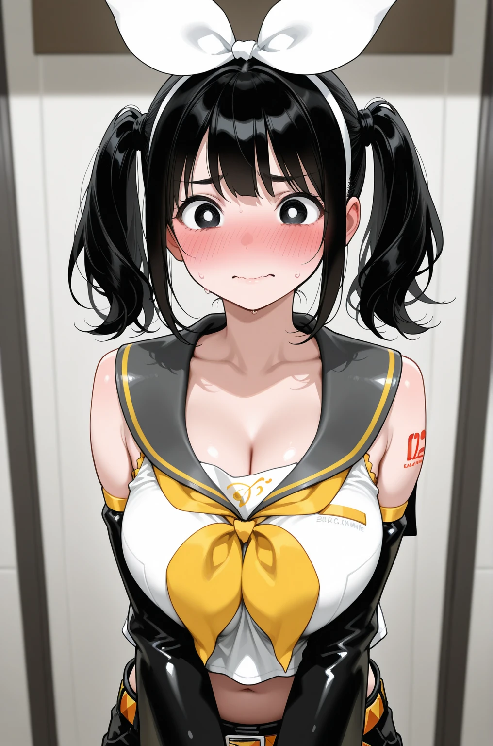 ahegaoでパイズリするSasaki Kanna, Yellow Tank Top, underboob, Sweat, Black hair twin tails, Big Breasts, smile, Drooling, Show off your big breasts