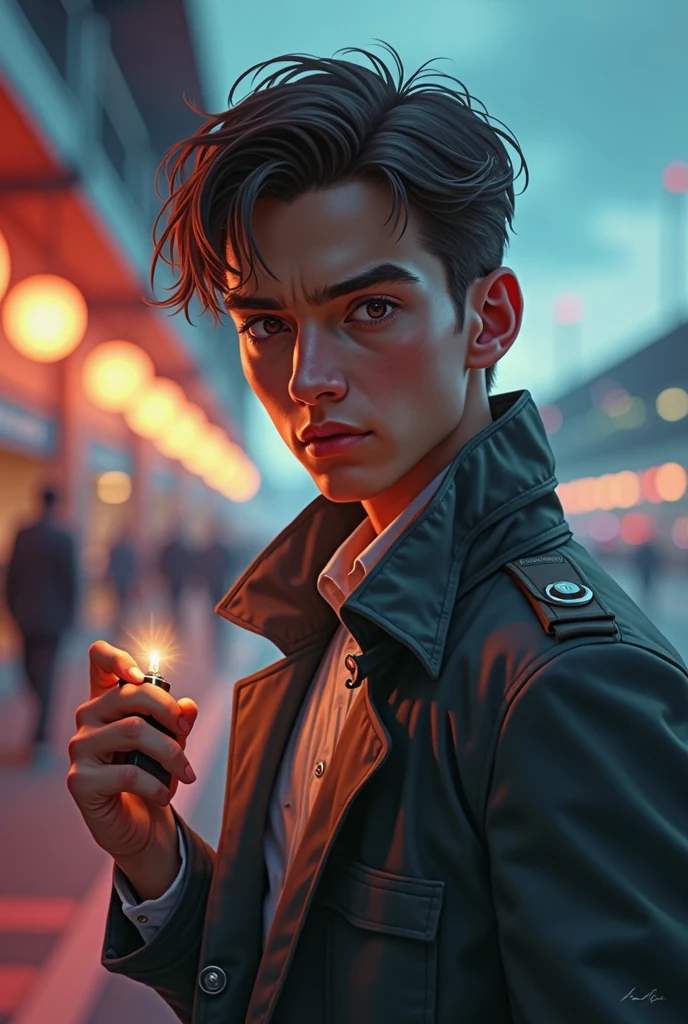 Cyberpunk animated character with a short beard and a black cap, egocentric face, with hair in one hand and a barrette in the other hand