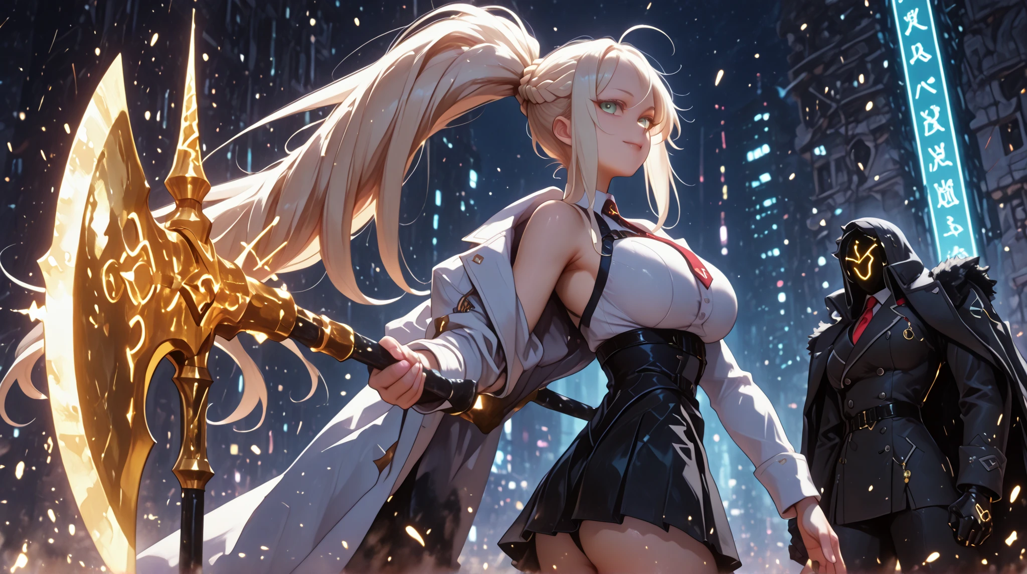 (masterpiece), (best quality), (1girl), solo, sexy, perfect body, white hair, bobcut hair, open shirt, no bra, braless