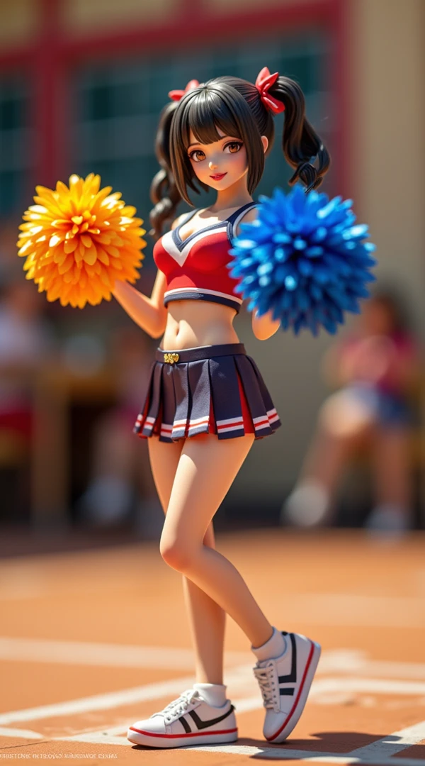 japanese high school girl, kiddy,neon colored cheerleader cosplay,sleeveless,  (smile:0.7), suggestive,(hair black   hair:1), cleavage, (small breast:1)