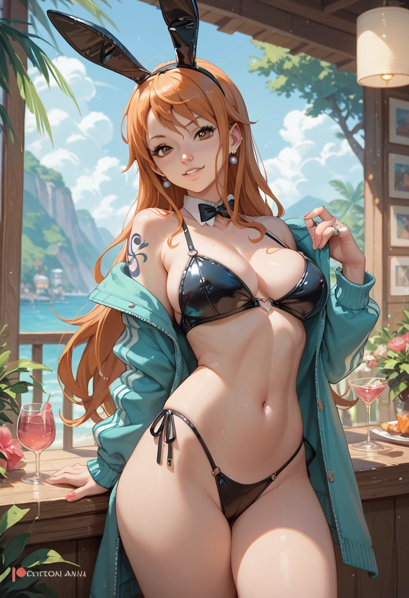 Official art, Unity 8k Wallpapers, ultra-detailliert, Beautifully Aesthetic, masterpiece, top-quality, realisitic, a closeup, Skindentation, interface, A detailed eye, A detailed face, detailed hairs, black backgrounds, straight-on, looking at the viewers, The sheen, Anime, looking at viewer with a cigarette in her mouth, Long transparent iridescent RGB hair, 1girl in, Solo, fronds, Long hair, Blurry, Shirt, Parted lips, Outdoors, Floating hair,huge tit,The bikini,, ((nude, breasts and genitals exposed, vulva and clitoris exposed)),Bangs, Upper body, Open mouth, tusk, Brown eyes, Wind, Winters,Yuki,snowscape,Blurry background, day, depth of fields, bug, Onepiece,Nami,an orange,orange color hair