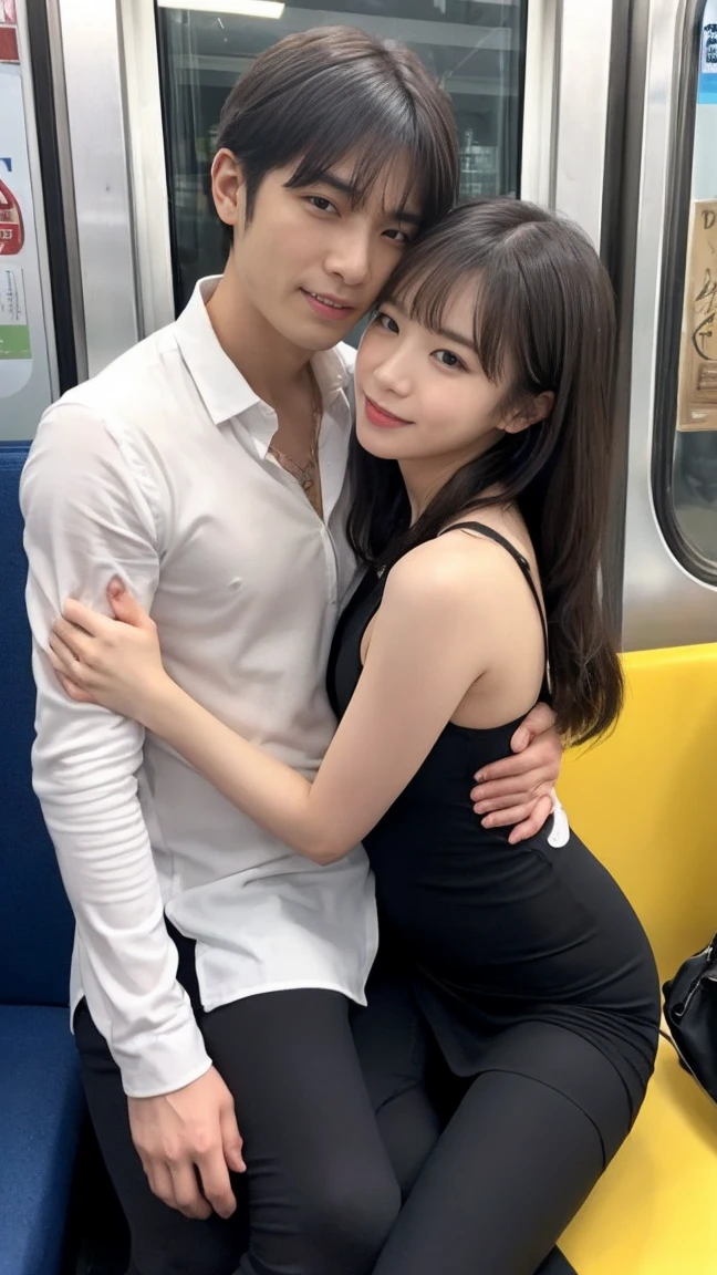 One woman and one short boy, a woman in a shiny truck costume is grabbed by the boy next to her breasts with both hands (beautiful college girl in truck costume, best quality, high definition, 8k, 1 girl,outside the athletics stadium,1 girl, shiny truck costume (salmon pink satin truck costume) (black hair, short hair, big: 1.4), (upper body: 1.5), looking at the viewer , smile), outside, boy grabbing the breasts of a woman in truck costume with both hands (T-shirt, shorts, grabbing a woman's breasts with both hands)