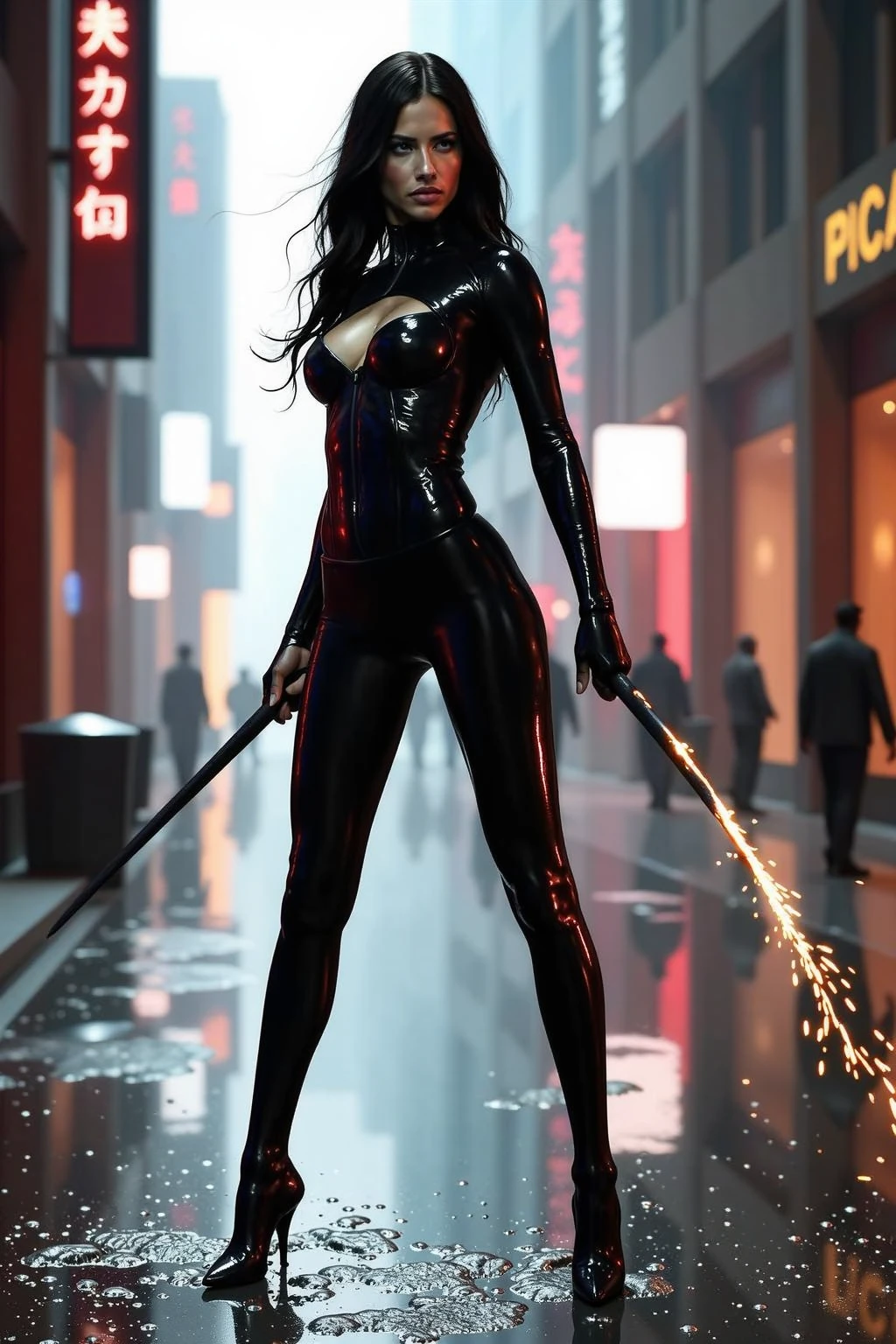 A young futuristic female sorcerer with a glowing floating small crystal stone, releasing mysterial spell and magical power, facing and defeating dark forces and beings. She stands with her right hand raised forward with a blue fire of light, floating ghost-like evil spirit chasing behind, at night, (1girl, solo, alone), photorealistic, large-breast slim:0.6 body, oval:0.5 face, cleavage:1.1, very low angle view of pleated miniskirt, deep-v, (upskirt), glove, (Matrix style black micro sunglasses), dynamic running pose, (half-body thigh level close-up shot), cinematic lighting, ray tracing, motion blur background.