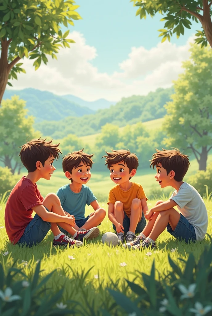 Three boys in a field. The first friend says to the second friend, 'We get money from our friend