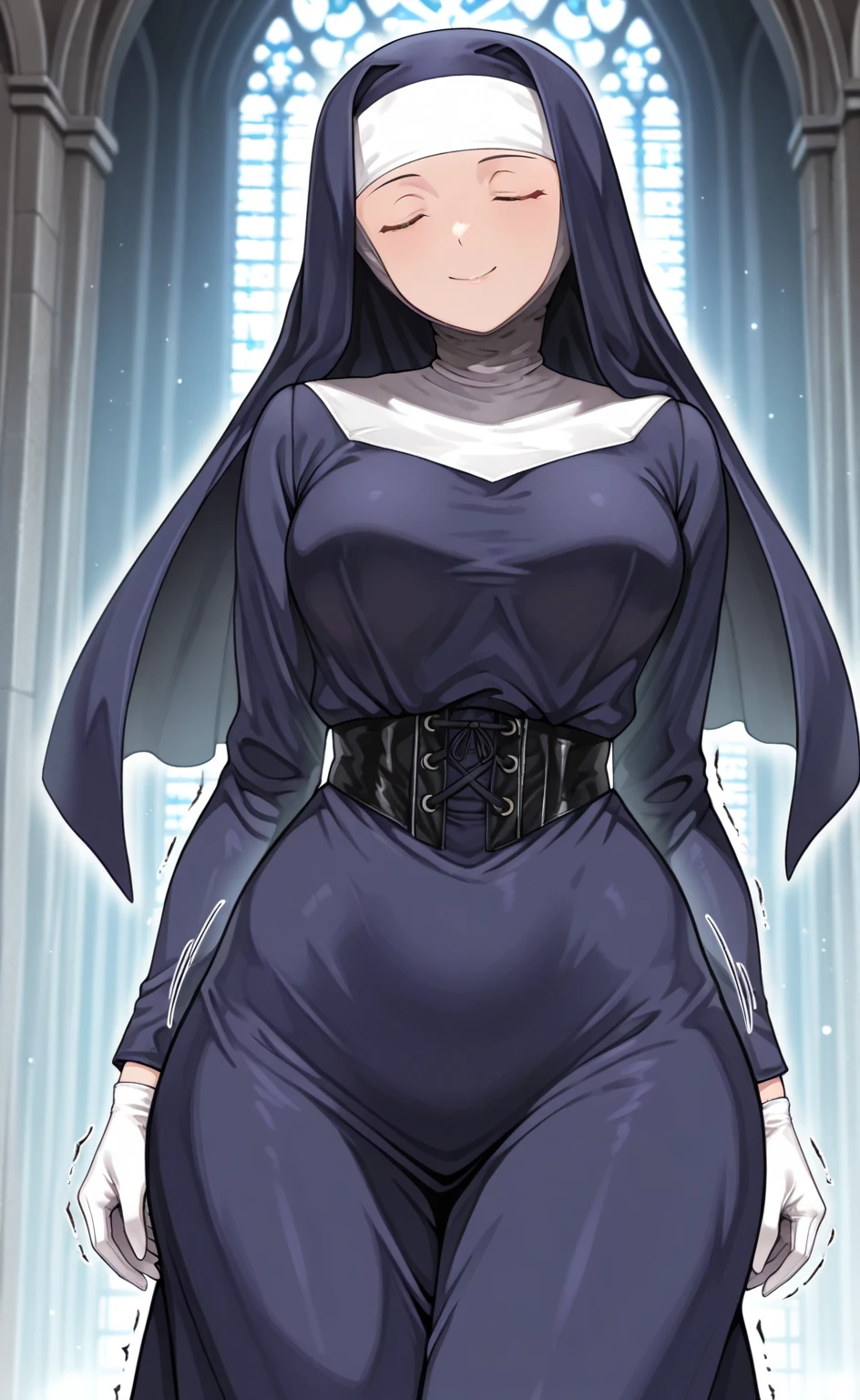 (extremely detailed CG unity 8k wallpaper:1.1),high resolution, detailed body skin, contrast, color, shadows, street background,<lora:SisterLily:0.7>,1girl,nun,long black hair,(blue eyes),hands on hips,naked nude,big chest,curvy body