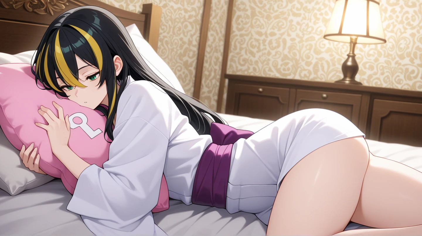 Makima \(chain saw man\), holding knife, Blood Rain, 1girl in, Yui, permanent, redhair, Long braided hair, Golden Eyes, fringe, medium breasts, White shirt shows through, tie, stay, they are sinful:1.2), look at viewr, dark backgrounds, pant rack pan quality, glistning skin, top-quality, High resolution, Panty Pose, (Fully exposed panties:1.5)、vests, quality, Looking back, Panty Pose, (Fully exposed panties:1.5)、 (original panties:1.3), (laying on back, Head on pillow:1.6), ( Closed legs:1.2), (from behind, Lower body, Looking at Viewer :1.4),(nsfw)