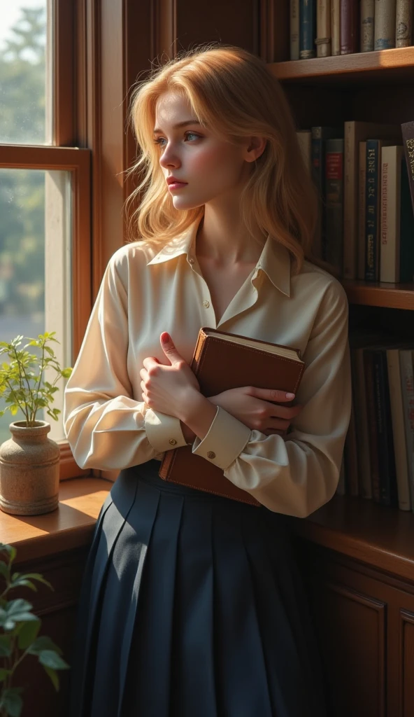 Create for me a blonde woman with short blonde hair, light brown eyes, 25 years old, serious and attractive, who works as an executive, has full and attractive lips with soft light pink lipstick, sitting reading a book with apprehension, noticing every detail of the words , she is wearing a red blouse and light blue shorts