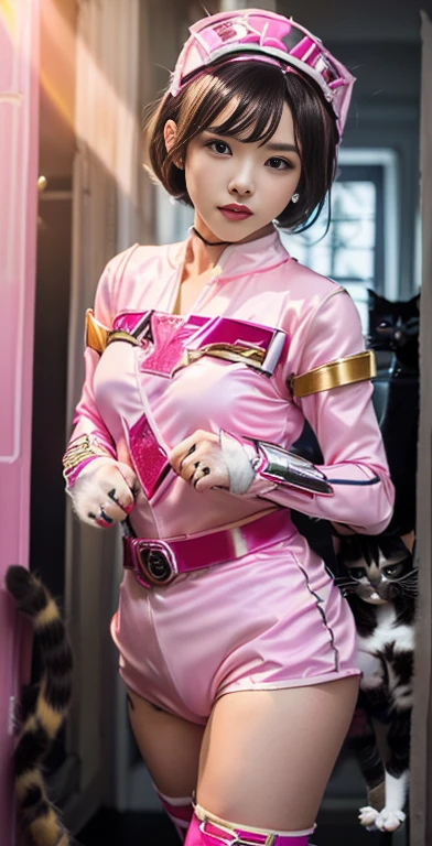 (8K、Raw photography、highest quality、masterpiece:1.2),(black haired、very short hair:1.8),(twin mitsu braid:1.4)、show viewer,Looking at the front,erotic,白いskin,(Wearing a shiny pink ranger costume:1.9)、()、(Clothing that emphasizes the shape of your chest、publish one'skin:1.6)、(big breasts :1.5)、slim body shape、ultra high resolution,beautiful,beautiful fece,(alone、no background:1.9),whole bodyボディー,japanese woman,(Photoreal:1.37)、photon mapping,reality、(Baby-faced and cute: 1.3)、(cute smile: 1.7)、(With a round face: 1.7)、radio city、Physically based rendering、depth of field rally background、photograph, (I can see your knees、short skirt、I can see your panties、close up of thighs:1.8),(polka dot panties:1.4),whole body、super fine