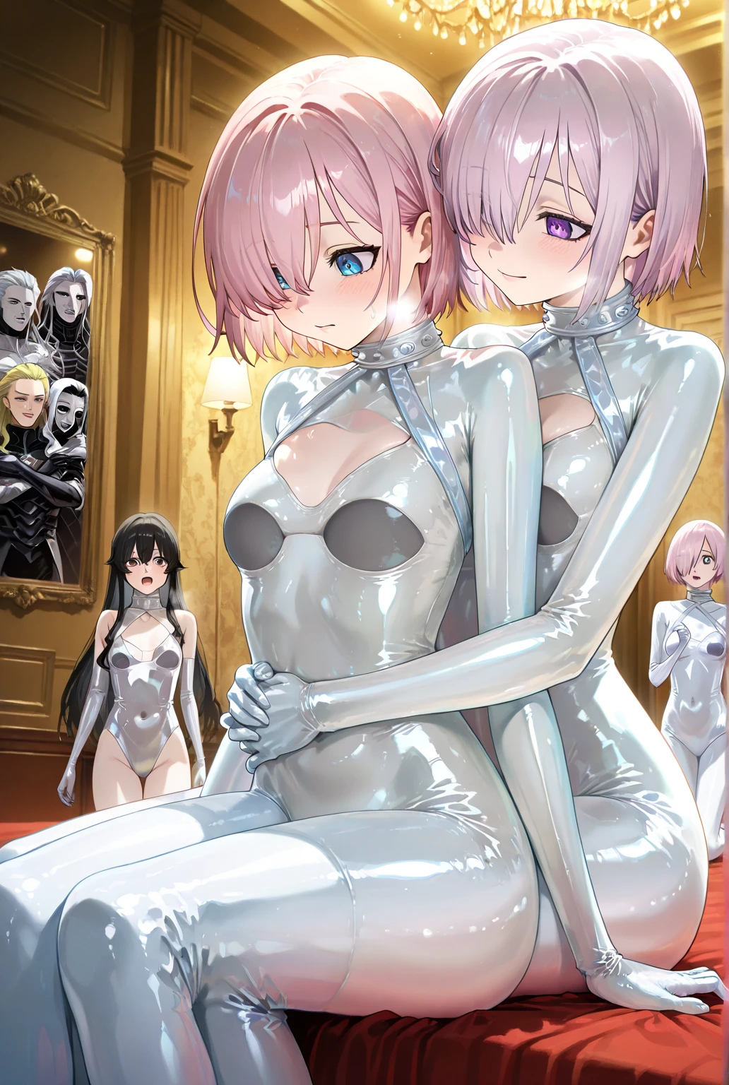 extremely detailed CG,unity 8k wallpaper,beautiful detailed eyes,perfect anatomy,novel illustration,high resolution,ultra-detailed,masterpiece,super detailed skin,score_9, score_8_up, score_7_up, source_anime,height difference,1boy is faceless male, 1 littlegirl, beta,glasses on her faace,spoken heart,elf,silver heir, short heir,blush,{{abs}}, covered shoulder,r,blond hair, full body Shot, zofa belt, chest jewel, forehead mark, black gloves, black boots,zofa bodysuit,latex mask,kissing his face,ahegao, {{bald faceless male}},hetero,upright straddle,face to face ,intercourse with a man,vaginal penis,excessive cum,bedroom
