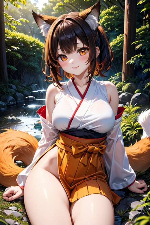 Two-shot photo of a girl and a fox,(Fantasia,Kitsune Yokai Four-Tailed Heavenly Fox,),(Girl and Fox Yokai: The Tale of the Four-Tailed Heavenly Fox),
(With a girl bent down deep in the forest and looking up,Fox Yokai Two-shot movie of a fox protecting a girl's back Poster of the four-tailed heavenly fox),
(natural soft light.)(Sunlight,),(Sunlight,),(Professional Lighting.),
(glossy light brown and orange two-tone color,,,Wave Shortcut Hair,disheveled hair,),japanese kimono,Geta,Cute round face red lipstick,A cute smile that makes the viewer happy,
autumn forest,Strong wind soaring over dead leaves
Digital Illustration,
(Photorealsitic:1.3),(Raw photo.),
(masutepiece,top-quality,Ultra-high resolution output image,)
(The 8k quality,),(Image Mode Ultra HD,),(Image Mode Ultra HD,),(Sea Art 2.1:1.3,),Japan Anime Fantasy,