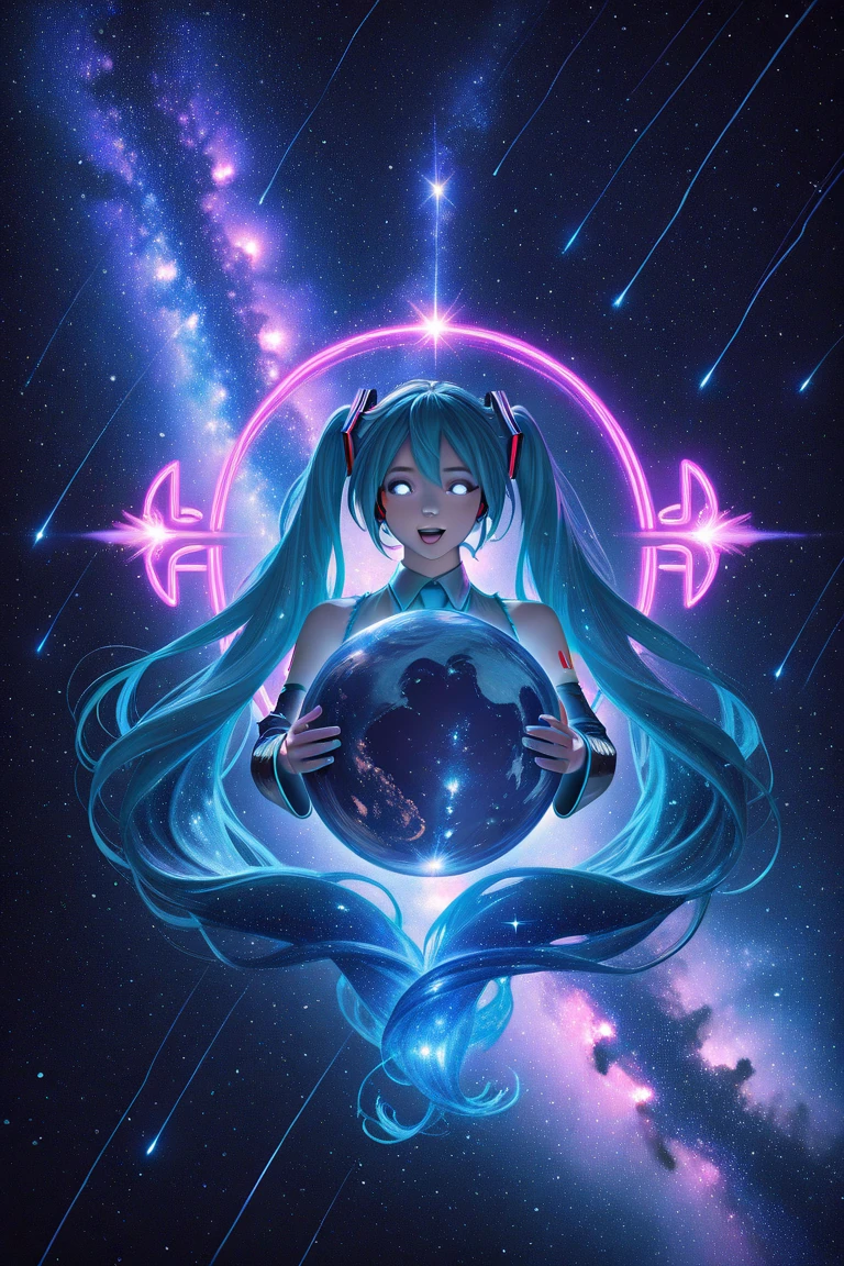 Girl, long pigtails, in space, holding earth in hands, flying, cute pose, cool pose, happy, Hatsune Miku, small earth, knees bent, flowing pigtails, 2, adult