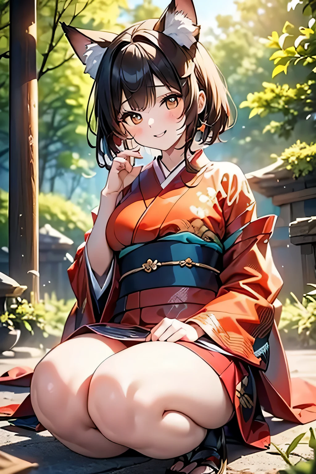 1girl,thighhighs,sitting,solo,heart,long_hair,red_hair,black_legwear,twintails,blurry,depth_of_field,japanese_clothes,kimono,leaf,maple_leaf,blurry_background,autumn_leaves,hand_fan,short_hair,mask,blurry_foreground,brown_hair,looking_at_viewer,lantern,paper_lantern,solo,sash,holding,multiple_torii,
