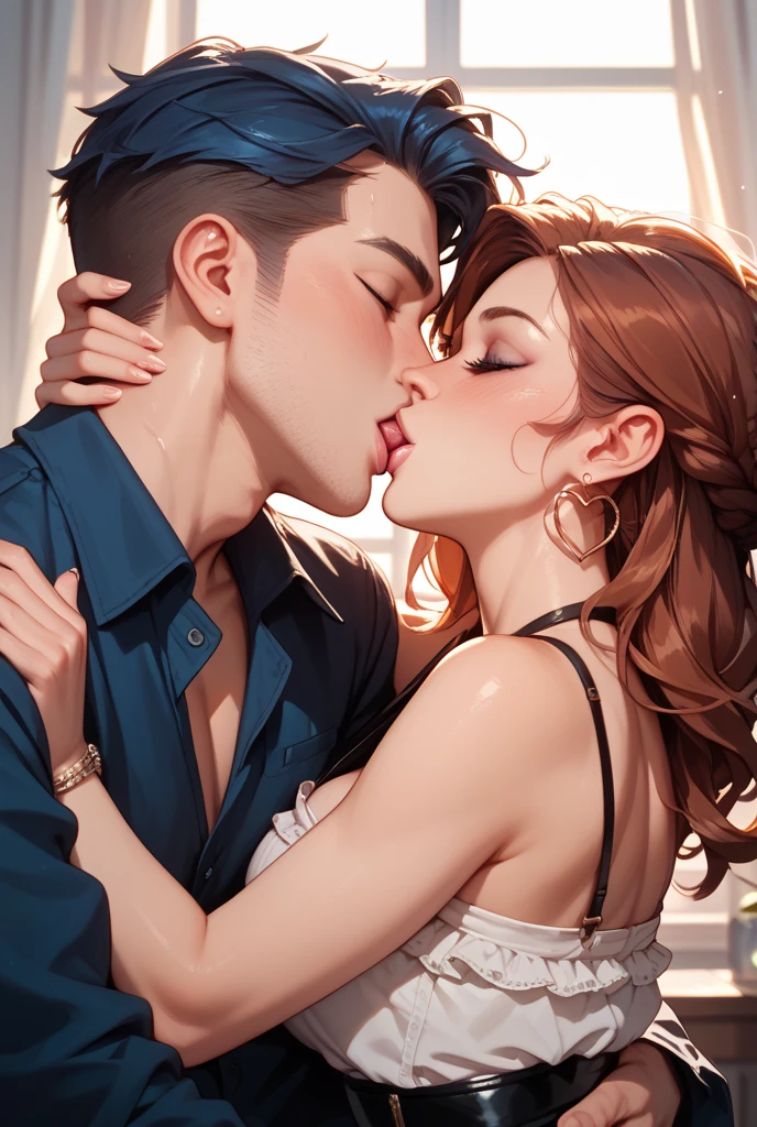 ((Highest quality)), ((masterpiece)), (detailed), (a mature goddess and a young man), (face focus), beautiful, 32-year-old goddess, long shiny brown hair, ((goddess in sleeveless red dress)), hair tied up, medium breasts, incoming kiss, closed eyes, he sofa, ((young man in white shirt)), embarrassed, in heat, sweat, ecstasy, living room,
