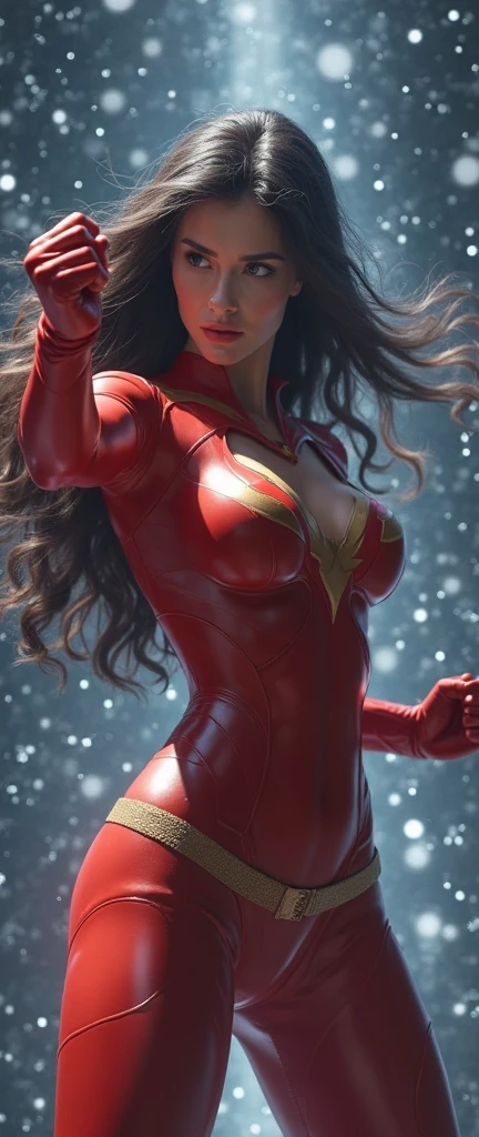 full body shot, dramatic angle, superheroine, named crimson bullet. but she is defeated by enemies and captured them, ((now, she is whipped)), helpless, humiliating, regrettable, she remains tied up, ((rough rope wrapped around chest tighten up2.5)), static restrained, ((arms behind back 2.5)), ((screaming in pain)), full body shot, in underground base, she wears a form-fitting red bodysuit (sleeveless) that accentuates her athletic figure. The bodysuit has gold accents, a star emblem on the chest, and intricate designs on the shoulders, hips, and thighs. The suit's material has a metallic sheen that reflects the surrounding light, emphasizing the futuristic theme. Her hair is shiny black and very long has well-groomed waves. She wears long red metallic gloves and matching thigh-high boots, both decorated with gold trim. A futuristic gauntlet is worn on her right arm