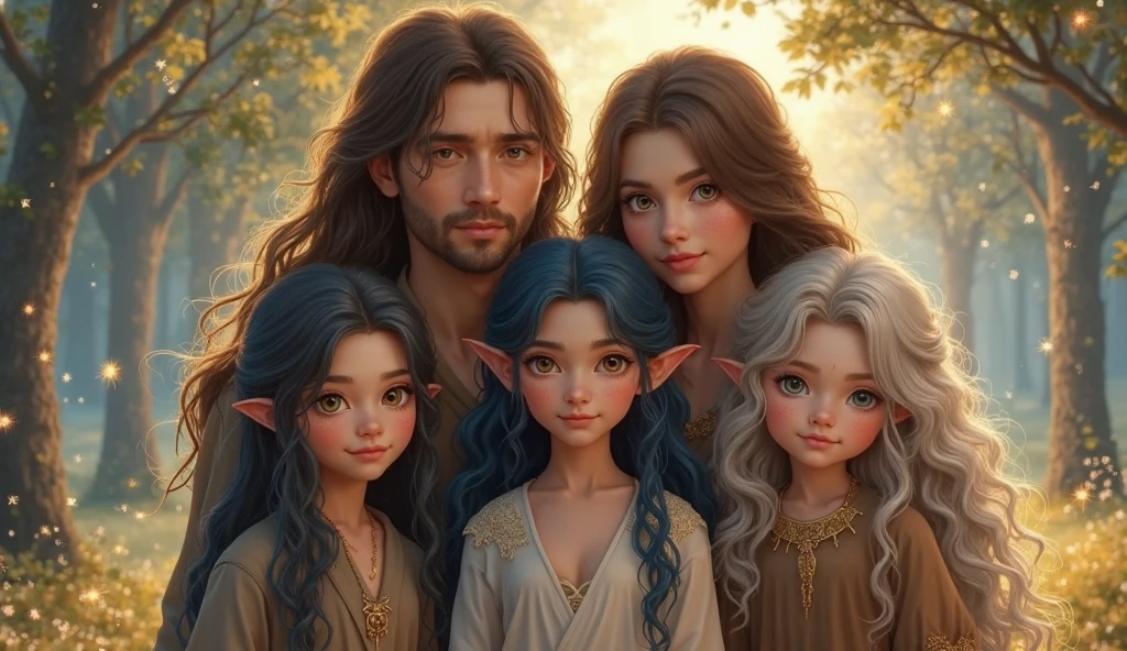 medieval royal family, Human Pope with long straight black hair, RAF Blue eyes, wearing an armor full of jewels (emeralds), serious expression and a firm pose with his hand placed on his wife's shoulder, Mom (wife) purple hair, with black horns and elf ears, fuchsia pink eyes, with a beautiful light green dress, detailed, 4k definition, with her 7 children