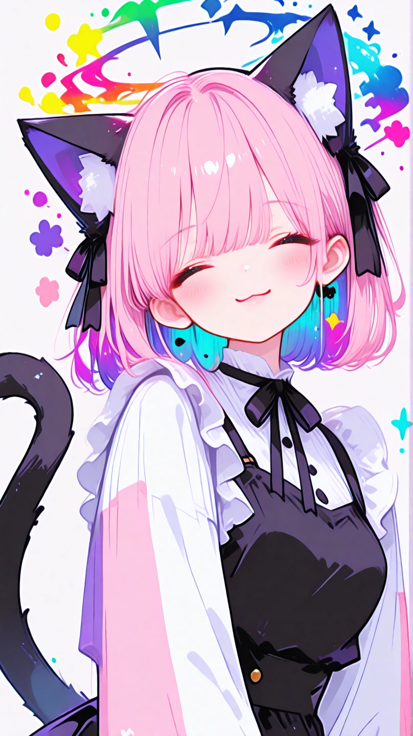she looks like a kitten with yellow cheeks and closed, happy eyes. Her right ear and tail are black. Her color changes depending on her mood; she is typically green, but can also be pink (SPARKLE; GLITTER