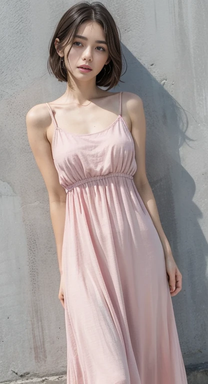 Loli, loli face, loli body, flat chest, standing, full body, short hair, short dress, pink summer dress, pink dress, pink nighty gown