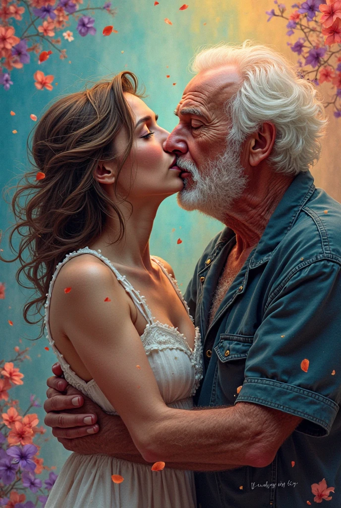 movie star scarlett johansson dressed as a sexy nurse kissing old peruvian man on bed