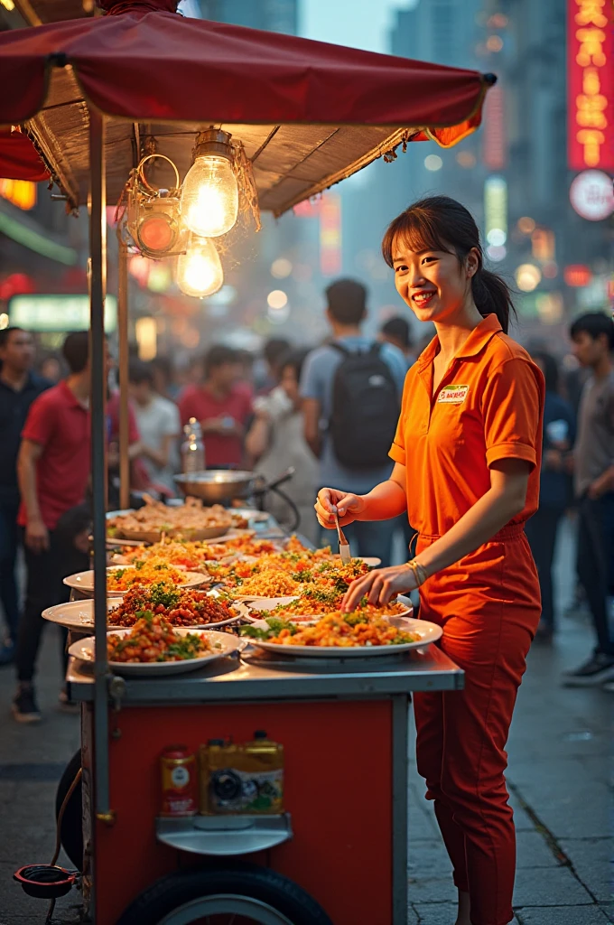 Realistic photo of a (slightly curvy) woman smiling and holding a glass of cold drink in a busy market. This woman has slightly sweaty skin, wearing a white tank top and a brown skirt. She had dark brown hair tied up, a few strands falling over her face. In the background, there are many people, mostly men, standing or sitting around a long counter, appearing to be interested or paying attention to the woman. This market appears to be inside a large building with a high roof and lots of hanging lights that illuminate the area. This image depicts a busy and lively market atmosphere, with interactions between sellers and buyers that look natural and authentic.