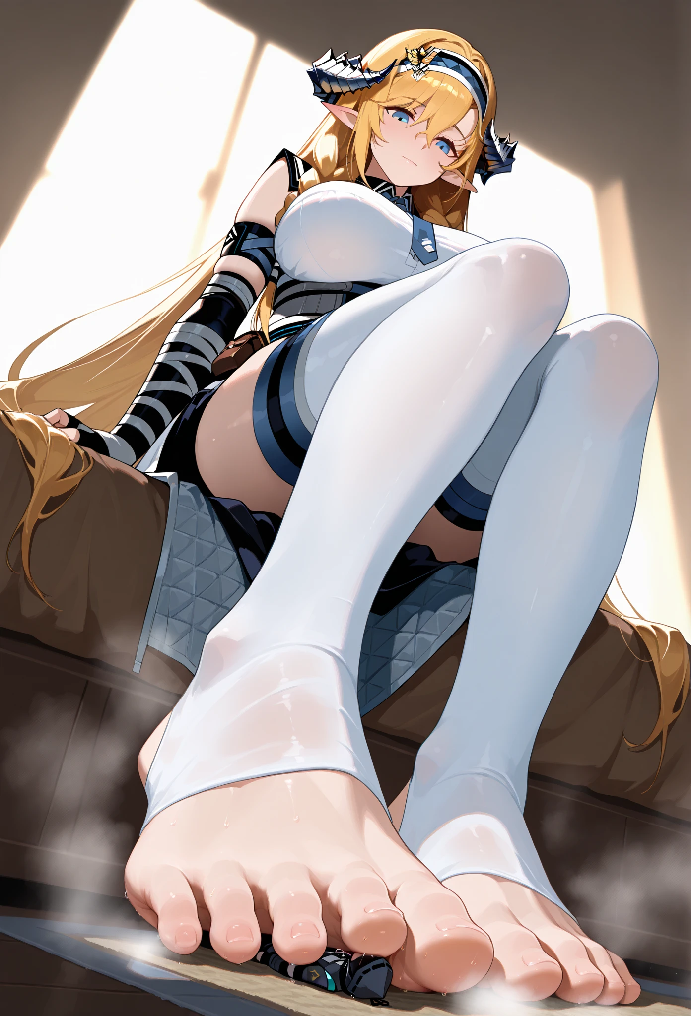 Shiny blond hair, very long hair, sophisticated haircut, ((((hair fully braided)))), ((small twisted braids)), thin and oval face, submissive, (((gagged))), ((((black tight corset)))), ((((tight skirt)))), cute and blushing 18 years old anime girl, look away because she is embarrassed and blushes, bright blue eyes, detailed face, detailed members, detailed arms, detailed hands, ((((sparkling diamond jewelry)))), tiara, ((makeup)), high heels, puffy sleeves, long gloves, long eyelashes, Girl lying, tied by ropes, shackled, can no longer move, tied tightly, very hard tied up with lots of ropes, hampered by so many ropes that she can no longer move, bound hands and feet, ropes tie his whole body, tied extremely tightly and forcefully to her bed by a lot of ropes, its limbs are strongly tied together by ropes, his torso is tied up with thick cords, her chest is so tied up with ropes that it sticks out, her legs are tied tightly with thick ropes, his hands are tied behind his back with ropes, she can no longer move her feet, her hands which are tied by thick ropes, she desperately tries to free herself, likes to be tied tight with big ropes, likes to be immobilized by big ropes, lying down, his hands and feet are strongly tied to the railing of his bed, his legs are pressed together and tied with ropes, its limbs are held vigorously by imposing ropes, her hands are tied securely behind her back by ropes, her chest is compressed by strong ropes, she is pressed against her bed and restrained by large ropes (shibari, arms behind the back:1.4), (hands on the back), (masterpiece, best quality) 1.5, 1girl, solo, (sexy, beautiful woman, perfect face, perfect eyes, perfect hands), samus aran, (shibari, arms behind the back:1.4), (hands on the back), Spread the legs, s' ((lie in bed by big ropes)), ((close up of the girl)), ((((lie in bed))))