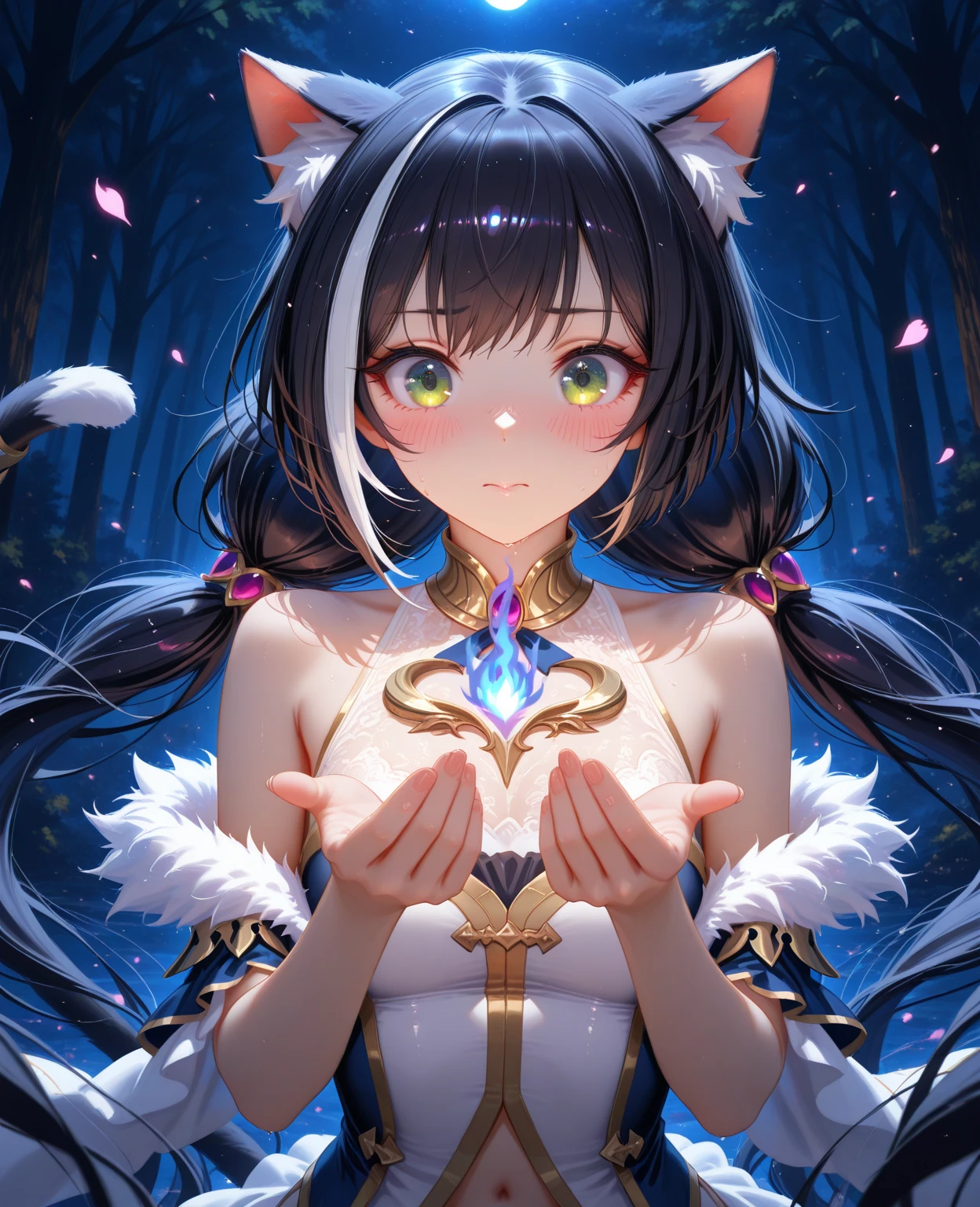 Top quality, high resolution, perfect human structure, figure focus, frontal view, glowing hair, glowing eyes, cat ears, ne󠄀toko cosplay from Oni no Kyoe's Blade, overall angles, happy smiling gradient eyes, swept bangs,