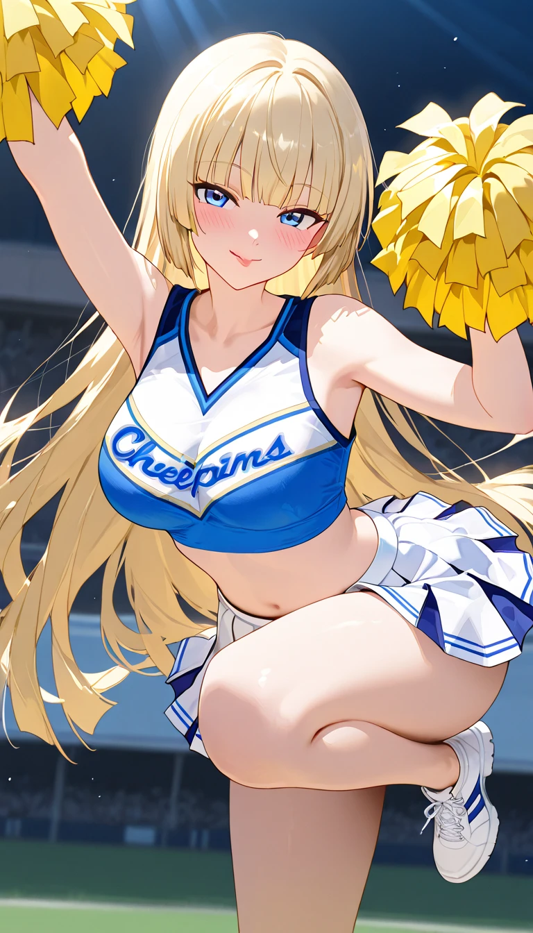 anime artwork, score_9, score_8_up, score_7_up, score_6_up, score_5_up, score_4_up, Mount Lady, blonde hair, purple eyes, big breasts, she is 24 years old, style_3, ,,,  , , , , _, standing, cheerleader, skirt. underboob, u.a. cheerleader uniform, orange top, orange skirt, below view, visible panties