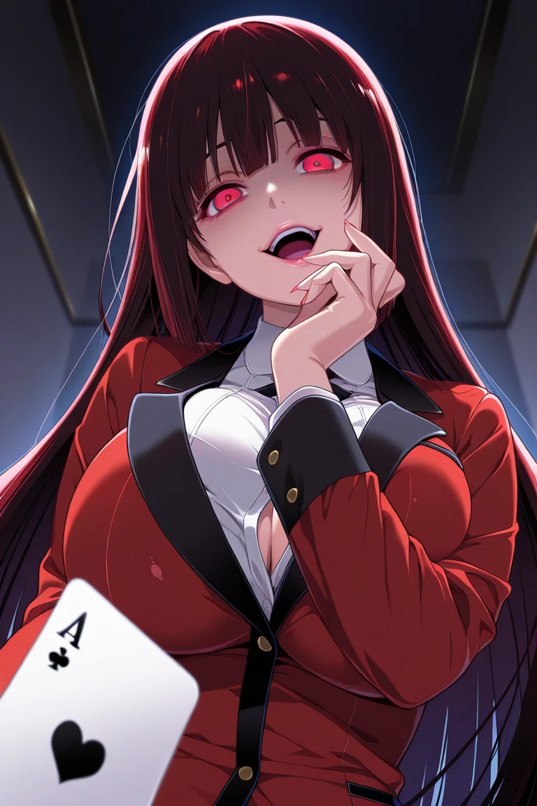 score_9, score_8_up, score_7_up, source_anime, solo, 1girl, jabami yumeko, smirk, looking at viewer, hands on own cheeks, hime cut, red eyes, glowing eyes, school uniform, red jacket, long sleeves, white shirt, black ribbon, black skirt, plaid skirt, black pantyhose, indoors, casino, playing card, poker chip <lora:kakegurui_jabami_ponyXL:1>