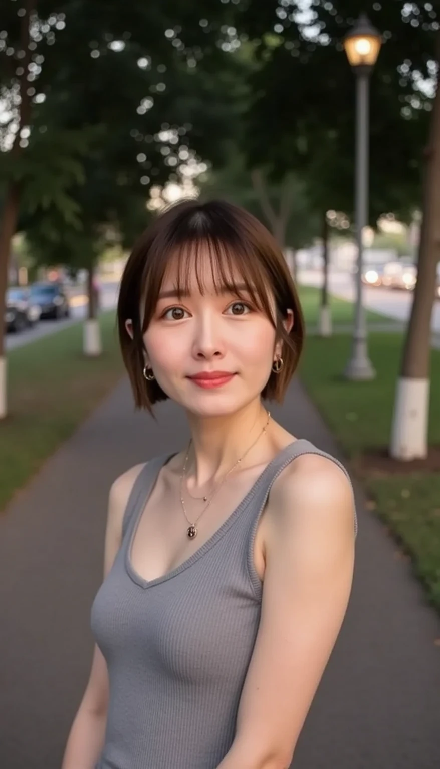 ((Best quality, 8k, Masterpiece :1.3)), Sharp focus :1.2, A pretty woman with perfect figure :1.4, Slender abs :1.2, ((Layered haircut, Big breasts :1.2)), (Tank top shirt :1.1), (Street :1.2), Highly detailed face and skin texture, Detailed eyes, Double eyelid