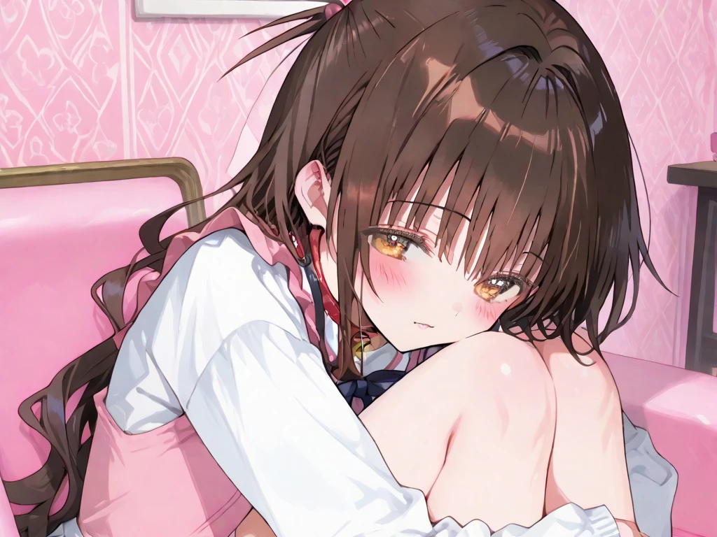 alone, One girl, Crown braids in the same color as your hair, hair ornaments, Hair Ribbon, Pink tie, Black long sleeve, Pink Skirt, Knee socks, Cleavage, bed、Black Hair、(Sleeping happily with both eyes closed:1.5)、(blush:1.2)、Pink Panties