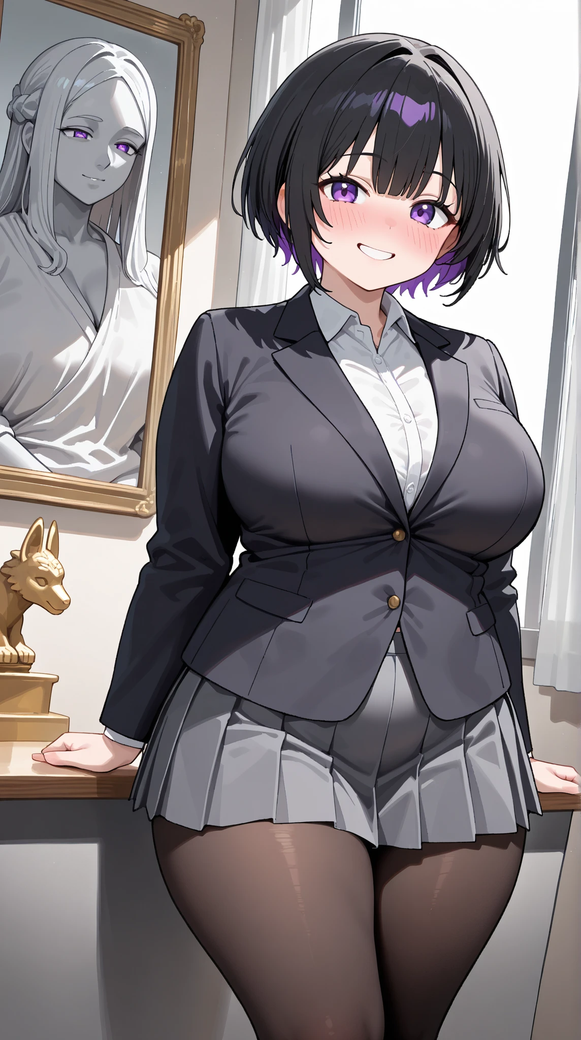 (masterpiece, best quality), 1girl, purple hair, short hair, bangs, slim, (wide hips, thick thighs), looking at viewer, arms behind back, (dress shirt, tie, sweater, skirt), (masterpiece), (best quality:1.2), absurdres, intricate details, (Erotic face:1.4)