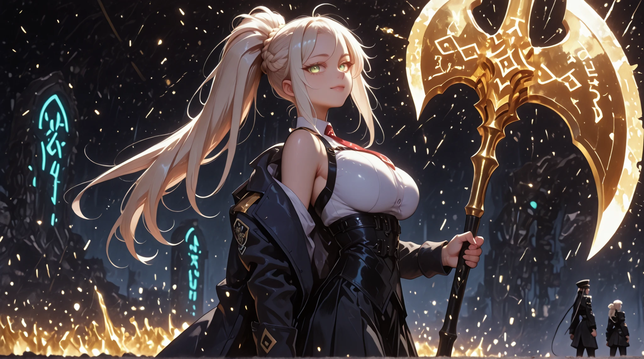 A young female character , fundo preto, with the same height and physical type as Mash from Fate Grand Order. She has long blond hair tied in a ponytail, like Artoria Pendragon Ruler from Fate Grand Order, and the same facial features as Artoria Pendragon Ruler from Fate Grand Order: olhos verdes, but with a provocative and confident smile. She wears a black military uniform with a black skirt. This uniform is very detailed, with gold medals and symbols, a red tie . His pose is bold and conflicted, looking directly at the viewer with a slightly tilted head, Shoulders back, and an expression full of confidence. The overall style must be detailed and colorful, matching the rendering quality, , but with a cyberpunk touch and a younger feminine appearance, the character is holding a gigantic battle axe whose blades are disproportionately large, being much larger than the total height of the character, she wears a black military coat, muito detalhado, cheia de medalhas, the coat is falling on her arms, leaving the shoulders exposed, the character has big breasts and butt, Giant axe, predominantly black with gold details, the character has big breasts and butt, gold metallic runes on the shoulders and arms, in a fighting position as if attacking an enemy, the character Facing the observer (tela), the character is standing, in attack position, the character is standing, in attack position, attack position as if attacking the enemy with the giant battle axe, fundo preto.