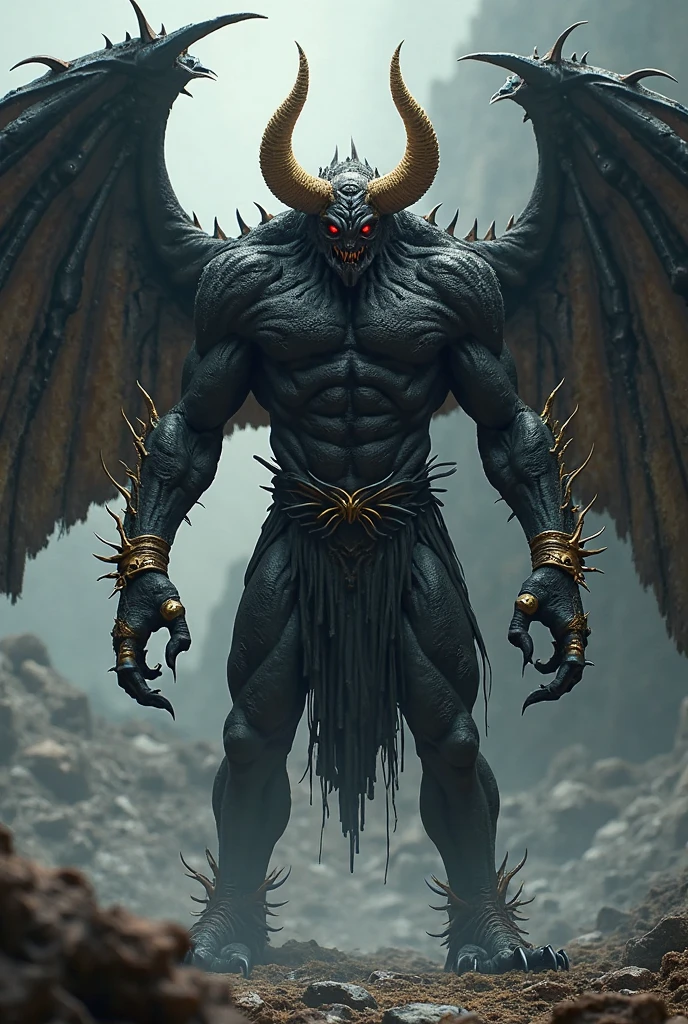 a large, muscular male demon with webbed wings like a bat, with short black hair, red skin, Red eyes, arrogant look, In a loincloth, dark fantasy character design, monster demon, , epic exquisite character art, dark fantasy art, Full view, Amazing character art. with fangs, hooves instead of legs, four hands, pointed ears, smile, bull horns on the head, More granularity