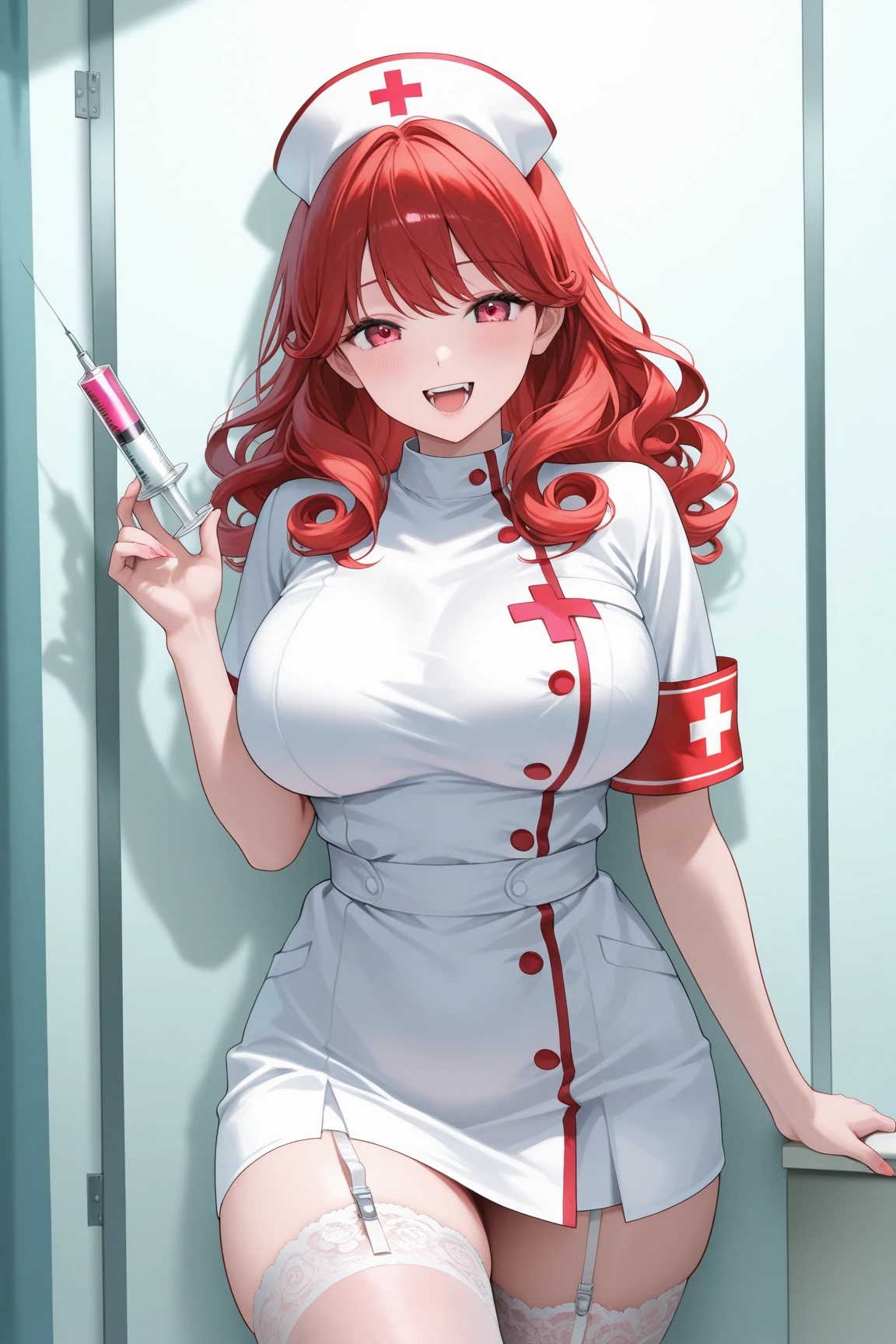My name is Hikaru, I am a white test woman with long red hair and black eyes. I am 1.60 cm tall and weigh 46kg. My breast sizes are 300 cm, my waist is 60 cm and my hips are 200 cm. Dressed in a nurse's outfit along with the hat. With big breasts 300 cm