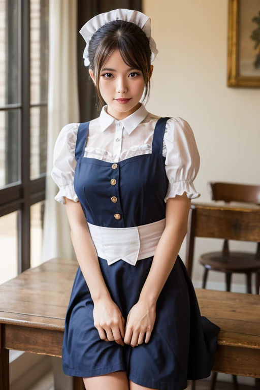 Highest quality、超A high resolution、(Photorealistic:1.5)、1 girl、(Brown Hair:1.2)、(Big Breasts:1.2)、Whole Body Ezbian、Coffee shop、Cafe、Smile、Bad Eyes、(Fascinating), ((exciting: 1.5)),Frillsメイドヘッドバンド, ponytail, Braided hair, Frillsブラウス, Ribbon tie, apron, Long skirt, Puff sleeves, White silk ankle socks，Frills,