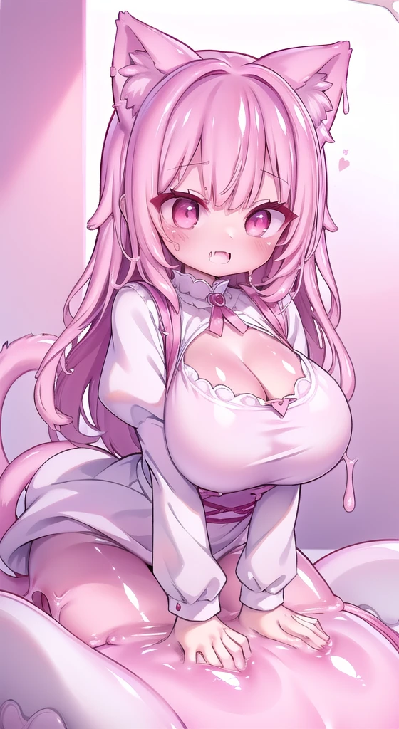  full body shot, fox, anthro, young female, solo, pleasure face, heavy blushing, fluffy fur, very detailed fur, Breathless, pink right iris, pink left iris, pink fur, big breasts, huge breasts, white hair, white bangs, pink hair, pink ears, (shower), chest fluff, heart eyes,  ((NSFW)), view from below, legs apart