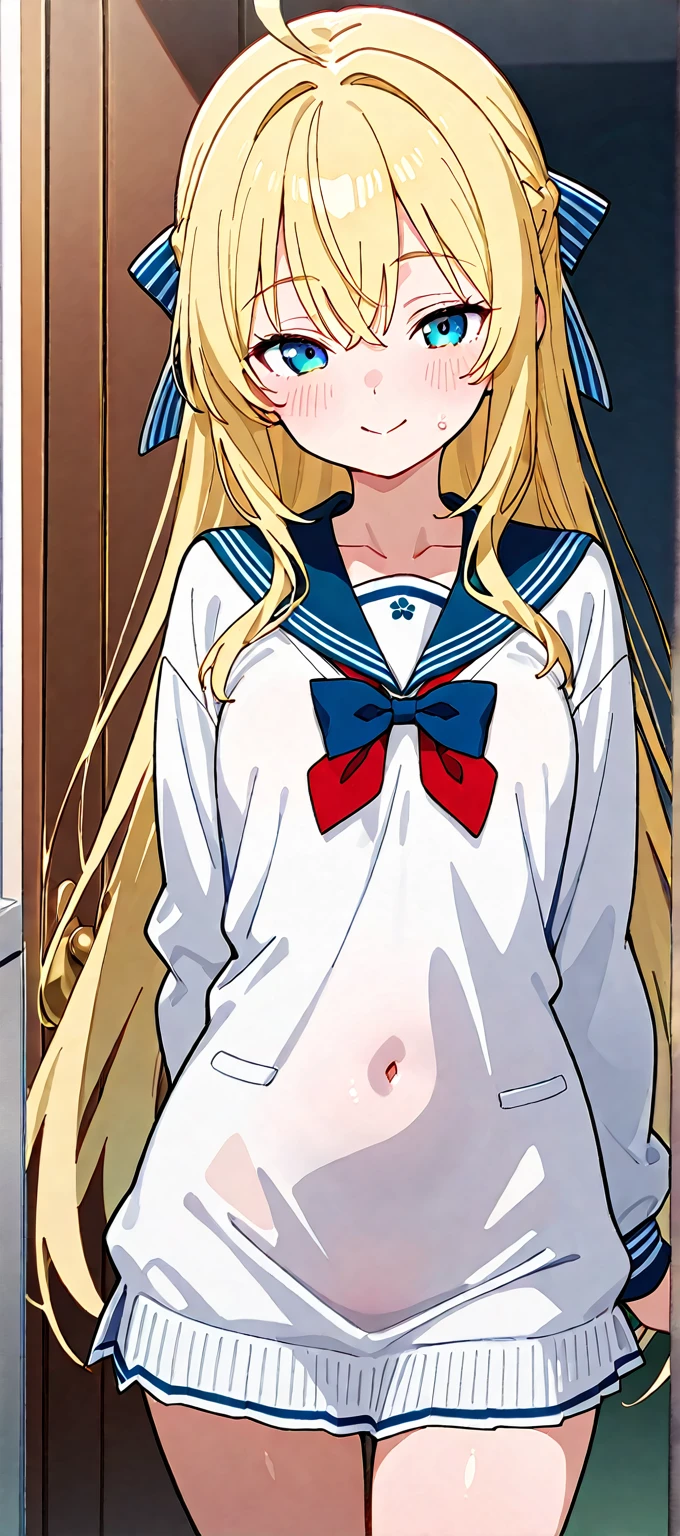 ((4k、8k、top-quality、perfect fingers: 1.3、perfect anatomia: 1.3、Background blur))、((14years、a junior high school student、small tits 、cute big droopy eyes、stright long hair、a beautiful slender girl、a blond、A smile))、(onepiece swimsuit)、Full-body angle、school poolside、