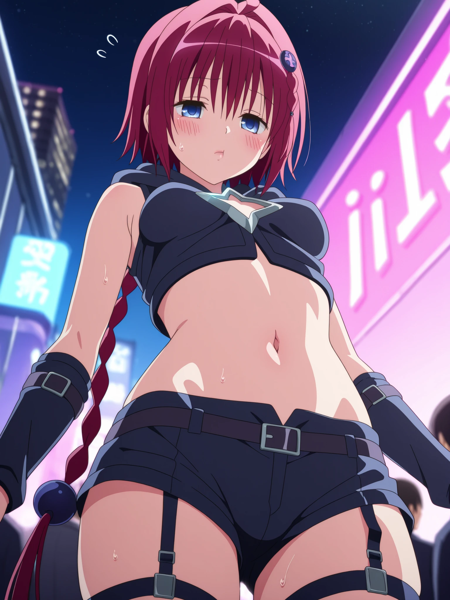Close-up shots of sexy parts. Glamorous skin, Delicate, Wet skin feel, Busty elements, Sweat drops, Very delicate depiction of hair, Small breasts, Dynamic poses. Breasts, (masterpiece, top quality), very beautiful, Absurd, highly detailed CG unity 8K wallpaper, Spanish illustration, (glamorous look), anime style 4k,, anime moe art style, anime art wallpaper 4K, high quality anime art style,CUTE ANIME GIRL, depth of field, perfect hands, nice, familiar with digital animation art, anime art wallpaper 8k,,, 5_ others, 4_ others, 1_ parents also viewed, Face in love, blush, half closed eyes,
ToLOVEる ダークネス / 黒咲芽亜 (Kurosaki Mea)
Prompt:
Mea sprawls across a sleek, neon-lit platform on a cyberpunk rooftop, her curvaceous figure accentuated by a black hooded crop top with a star-shaped cutout, revealing her massive breasts in a tight close-up, their glossy curves shimmering under holographic lights. Her long red hair, tied thinly at the back, cascades over the platform, glowing vibrantly. Her exposed midriff showcases her sexy navel, highlighted in a close-up shot glistening with sweat. Her black shorts hug her hips, paired with black arm covers and a right-leg garter belt that adds a rebellious edge. She leans back on her elbows, one leg bent to display her creamy thighs, their smoothness emphasized. Her blue eyes burn with teasing arousal, lips parted in a sultry pout. The low-angle perspective from below amplifies her provocative allure, with futuristic cityscapes and drones humming in the background.