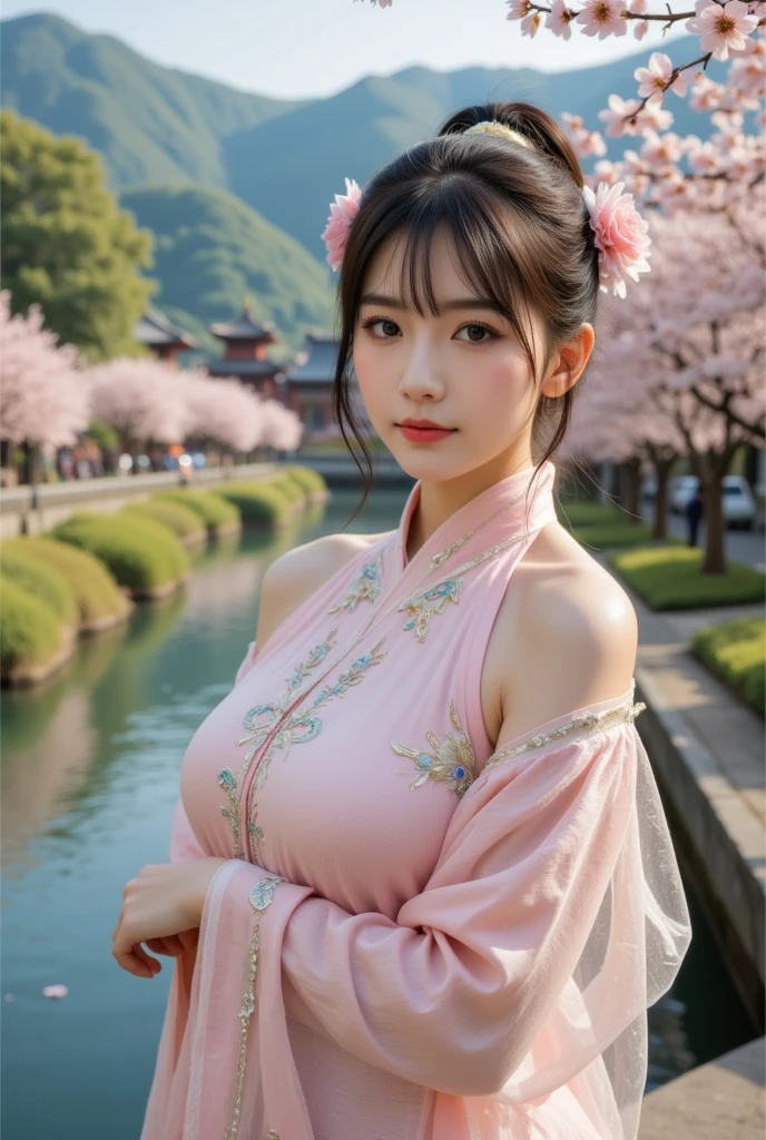 There are blue sky, white clouds and mountains in the distance、tower and many people,Pink flowers,Cherry tree,Hanfu woman,Phoenix Crown Crown、Fine embroidery、穿Hanfu裤袜、Hanfu、穿长袖Hanfu、Transparent underwear is clearly visible、Look at the underwear and、Exposed oversized breasts、Raw,(8K、Top quality、masterpiece:1.8)、(Intricate details:1.8)、(Reality:1.8)、Octane Rendering、Complex 3D rendering with ultra-details, Studio Soft Light, Side light, Vivid details, Super Detail, Realistic skin texture, Details, beautiful eyes, Highly detailed CG Unity 16k wallpaper, cosmetic, (Detailed background:2.0), Clear your fingers,Beautiful fingers,Radiant skin、Spread your legs,Camel toe showing thigh!!!、