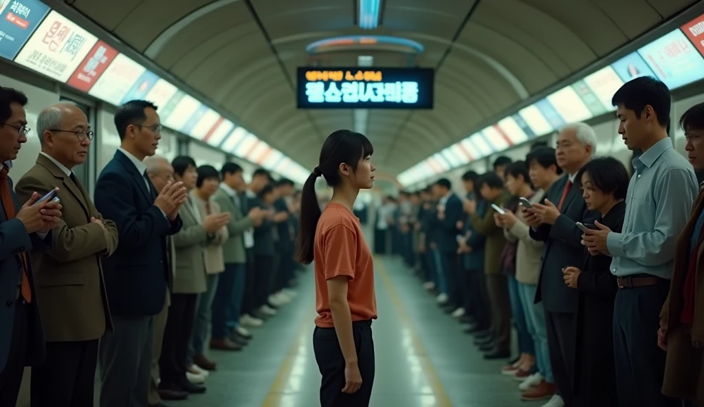 The protagonist of the song would be in the middle of the crowd, feeling lost and lonely. The atmosphere would be melancholy and reflective, highlighting loneliness and the search for love and company in the midst of a busy society. anime styling