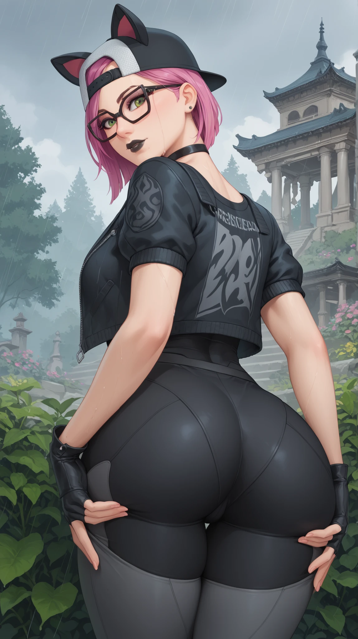 2d, masterpiece, best quality, anime, highly detailed, cowboy shot, 1girl, solo, fujiwara chika, blue eyes, pink hair, hair bow, black bow, looks at the viewer, stands with your back to the viewer, seen from behind, ass, big ass, matt-black leggings, gym leggings, sport leggings, flex leggings, shirt, sport shirt, croped shirt, large breasts, big breasts, high quality, 8k, best picture, detailed, high resolution, best pictrure, photo realistic, beautiful image, best image