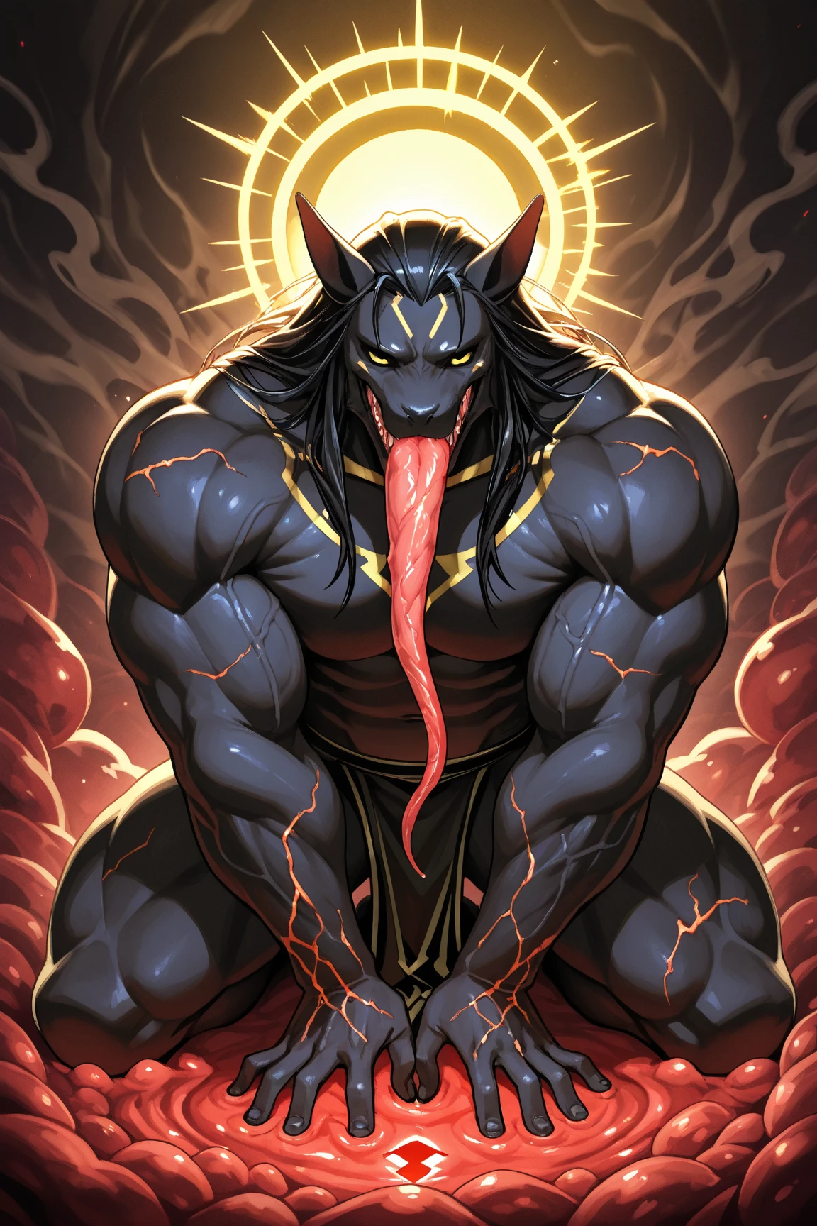 ((solo)), Human Dragon Man,black long,Dragon body,Human Dragon Art, motion, abs,very muscly ,(Venous muscles), (Torn muscles), (Realistic fur, Detailed fur texture), Detailed background, (Sit around the campfire), drop shadow, ((dark night)), , Bare torso, (Detailed clothes), a hyper realistic, ultra detail, natural night light, the movie, EPIC,Red-eyed dragon man