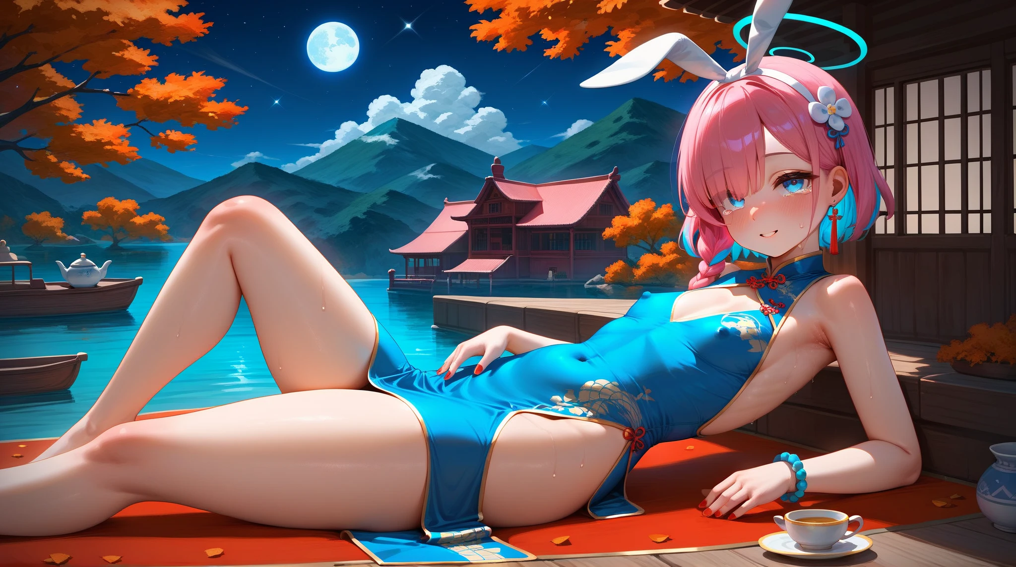 (melhor qualidade:1.4), high resolution, obra de arte,, 1 garota, medium breasts, coxa nua e fina,, enfeite de cabelo, (roupas japonesas brancas miko), mangas destacadas,, corar,, lanterna, Sanctuary,, rosto detalhado