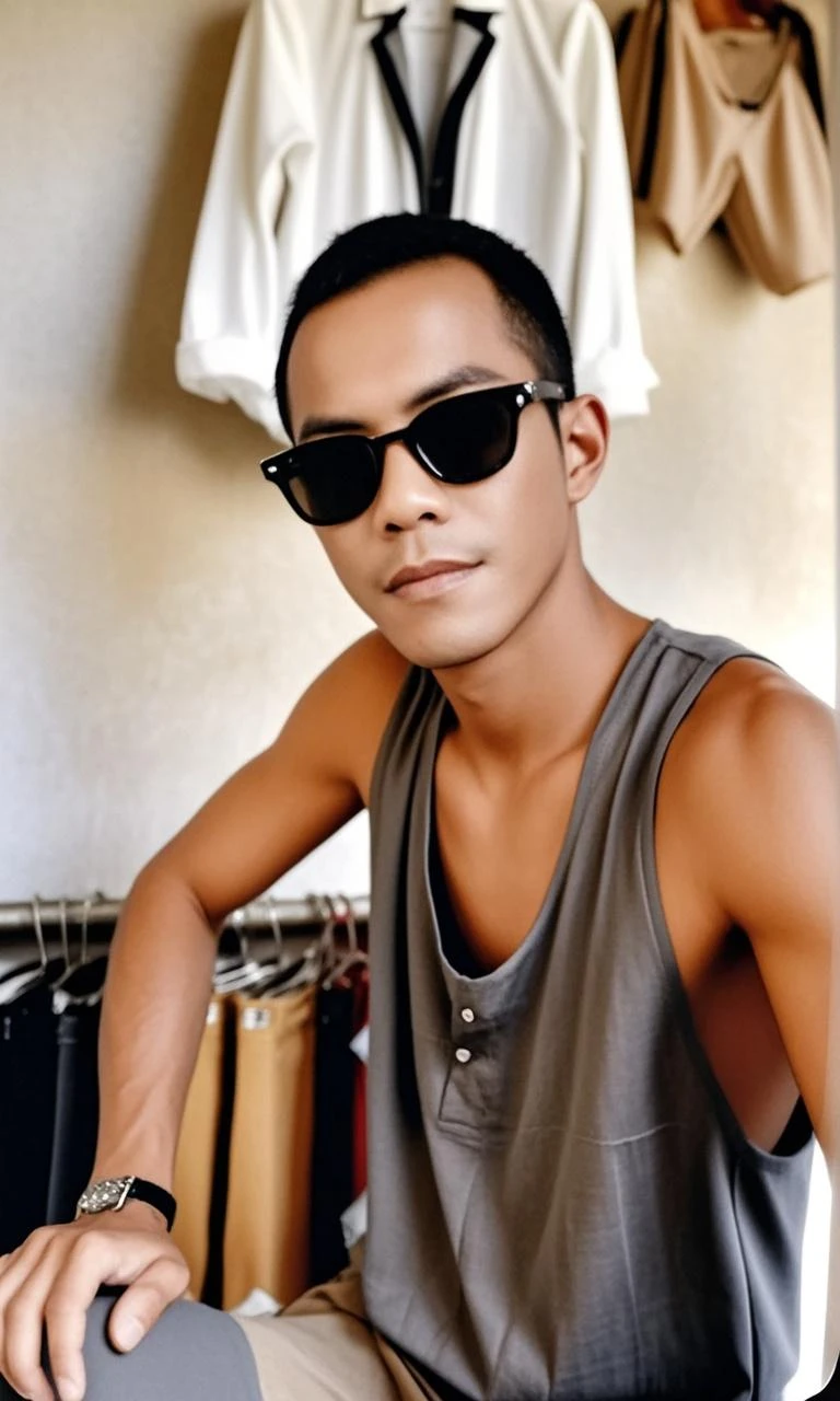 male, asian male, wearing white t-shirt, man with black hair, in bali, indonesia, infinity pool, orange strap watch, thin white sunglasses, hyper realistic, detailed skin, high resolution, extra details, quality uhd, tanned skin, sharp jawline, detailed face, photo realistic, high budget , two arms, five fingers, clean tshirt, zoomed out, long-distance lens