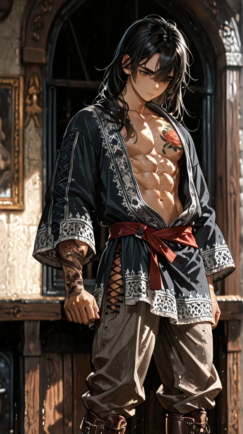 <lora:nijiexpress:0.9>, (masterpiece, high quality), 1boy, weapon, sword, jewelry, earrings, black_hair,long hair, brown hair, head up,look up,  solo, gloves, holding_weapon, holding_sword, muscle, abs, ,black background, perfect light, upper  body, , profile, flowers, flower on head, super high detailed clothes,((colorful)),bruise on face, bruise