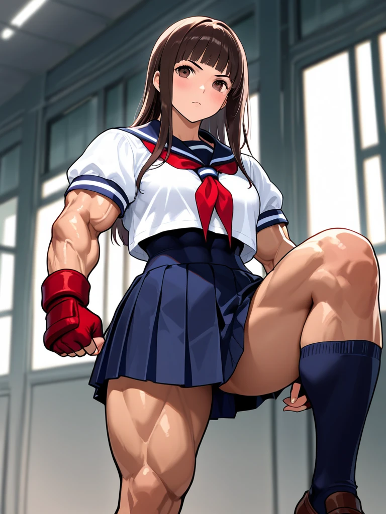 beautiful girl、Big Breasts、Great style、Nice body、Red leotard、Wearing a blue jacket、Leg warmers、Gym Shoes、Bandage、Wearing brown pantyhose、Black Hair、ponytail、ribbon、Muscular、Thinly-skinned abs、Beautiful feet、Are standing、smile