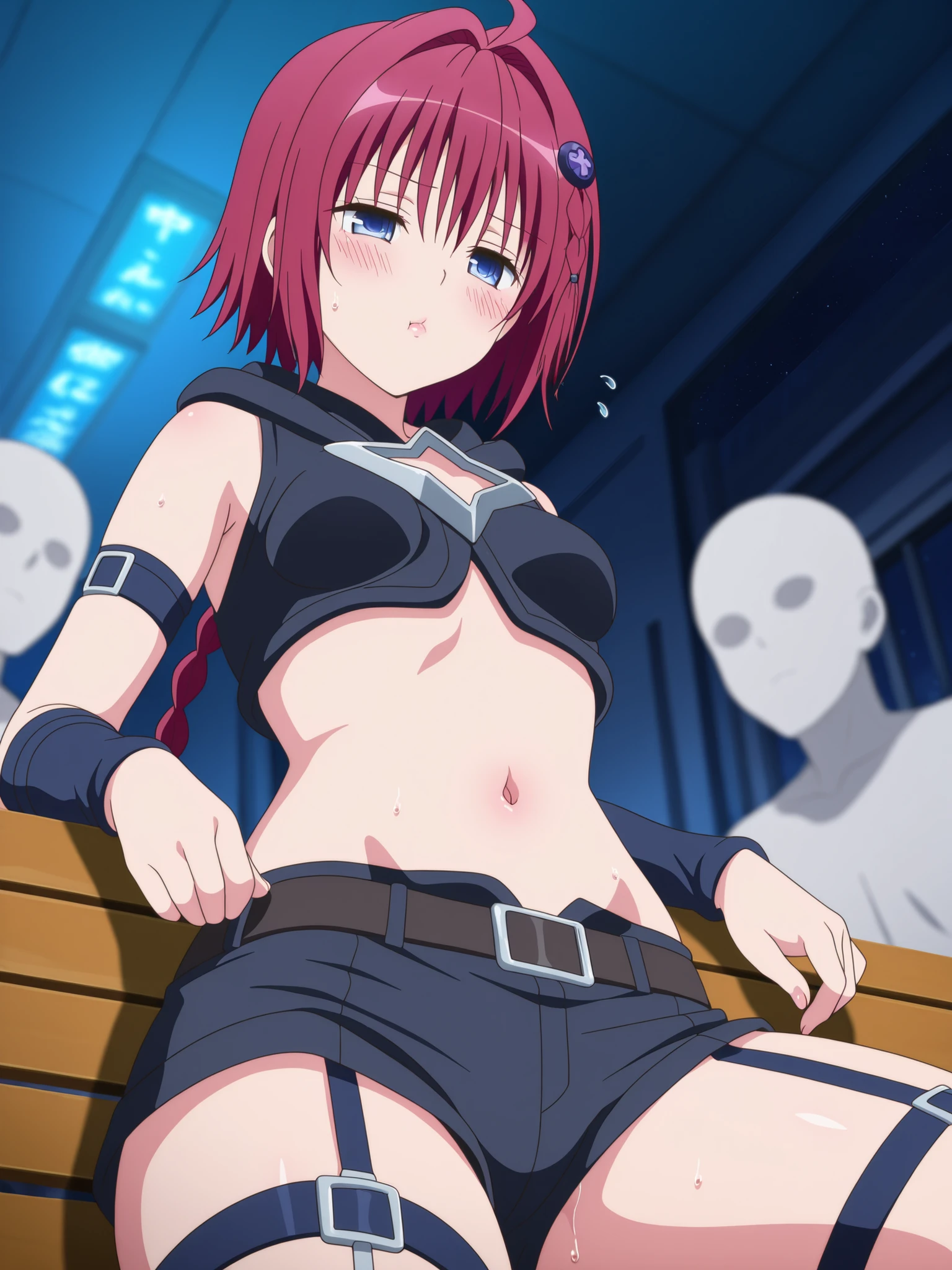 Close-up shots of sexy parts. Glamorous skin, Delicate, Wet skin feel, Busty elements, Sweat drops, Very delicate depiction of hair, Small breasts, Dynamic poses. Breasts, (masterpiece, top quality), very beautiful, Absurd, highly detailed CG unity 8K wallpaper, Spanish illustration, (glamorous look), anime style 4k,, anime moe art style, anime art wallpaper 4K, high quality anime art style,CUTE ANIME GIRL, depth of field, perfect hands, nice, familiar with digital animation art, anime art wallpaper 8k,,, 5_ others, 4_ others, 1_ parents also viewed, Face in love, blush, half closed eyes,
ToLOVEる ダークネス / 黒咲芽亜 (Kurosaki Mea)
Prompt:
Mea reclines on a weathered metal bench atop a dystopian rooftop, her curvaceous figure accentuated by a black hooded crop top with a star-shaped cutout, revealing her massive breasts in a tight close-up, their glossy curves shimmering under flickering neon signs. Her long red hair, tied thinly at the back, spills over the bench, glowing against the smoky sky. Her exposed midriff showcases her sexy navel, highlighted in a close-up shot glistening with sweat. The tattered black cloth hangs from her black shorts, trailing over her hips, paired with black arm covers and a right-leg garter belt. She leans back on her elbows, one leg bent to display her creamy thighs, their smoothness emphasized. Her blue eyes burn with defiant arousal, lips parted in a sultry pout. The low-angle perspective from below amplifies her provocative allure, with crumbling cityscapes and distant sirens in the background.